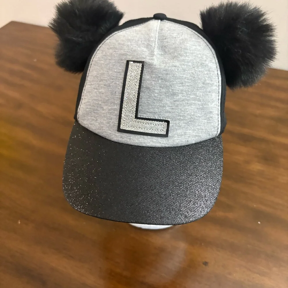 Justice Girls Black Hat Letter L with Pom Poms